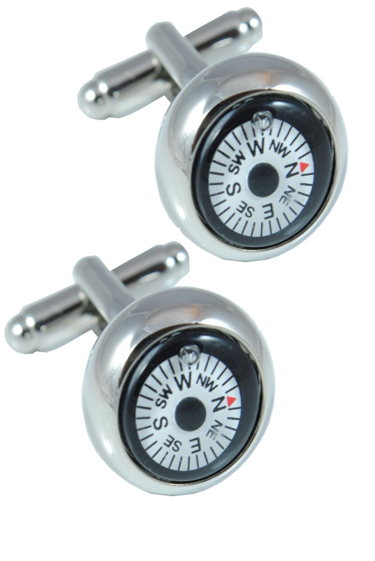 Cufflinks for Men + Presentation Box - Novelty Silver Colour - Mini Magnetic Compass - Brass Metal - White Round Face - Fully Rotating Compass - One Pair