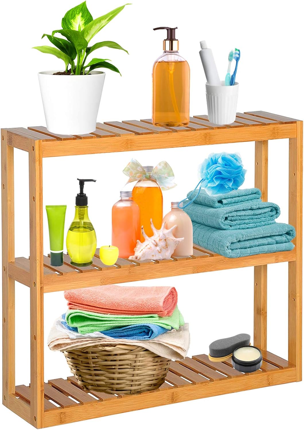 Wandregal aus Bambus, Hängeregal Badregal, 3-Etagen Küchenregal