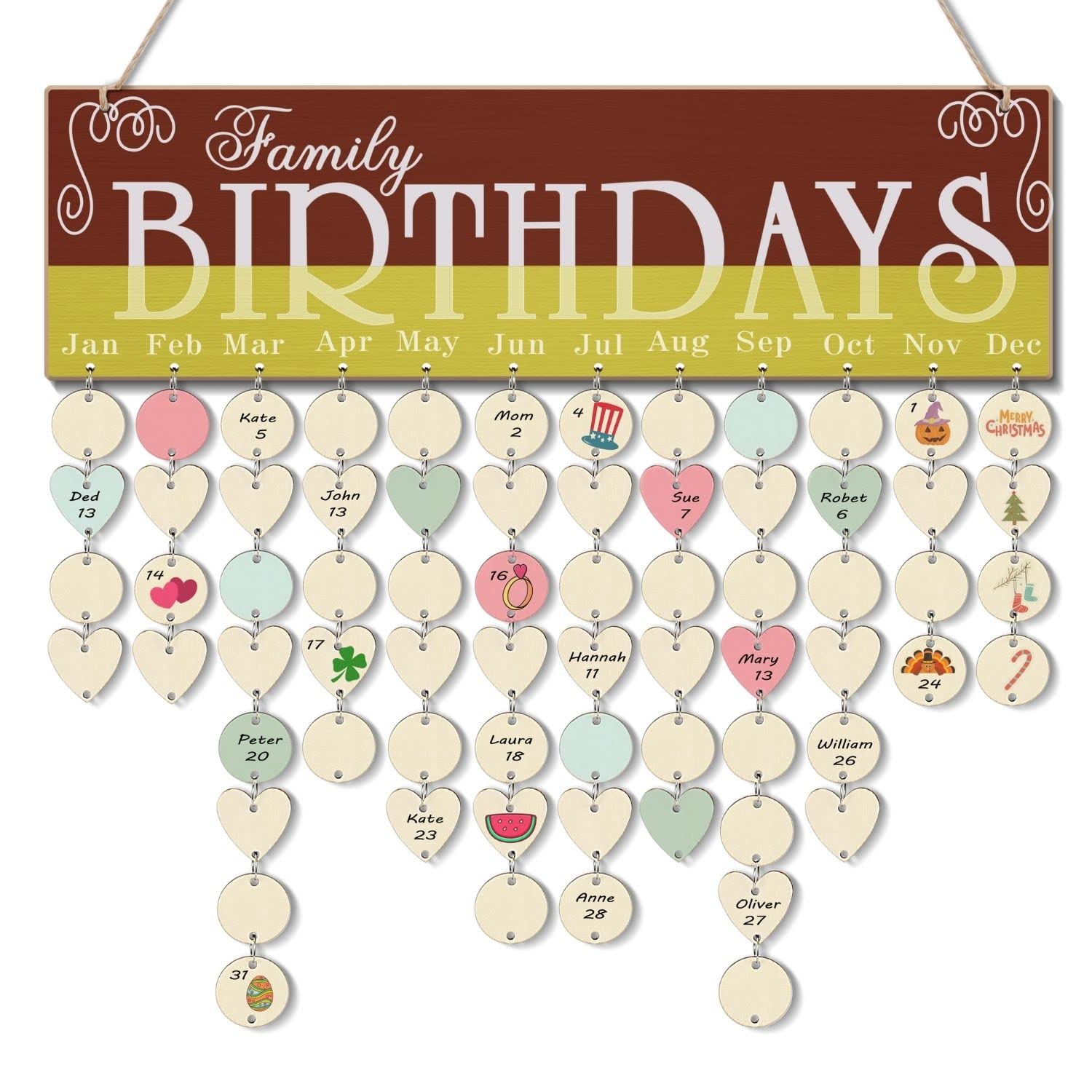 Flexzion Family Birthday Calendar with Tags DIY Wooden Birthday Calendar Wall Hanging Family Plaque Reminder 50 Tags (Discs and Hearts) Birthday Board Chips