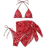 SOLY HUX Bikini Sets for Women Paisley Print Halter Triangle Bathing Suit 3 Piece Swimsuit with Sarong Cover Up