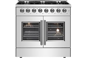 Forno Galiano 36" Freestanding French Door Dual Fuel Range with 6 Sealed Burners 83,000 BTU, 5.36 cu. ft. True Convection Oven - Modern Design Fuel Range with Pro-Style Handle, Zinc Coated Metal Knobs