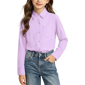 Haloumoning Girls School Uniform Button Down Shirts with Chest Pocket | Kids Long Sleeve Dress Shirts, Collared Neck Button U