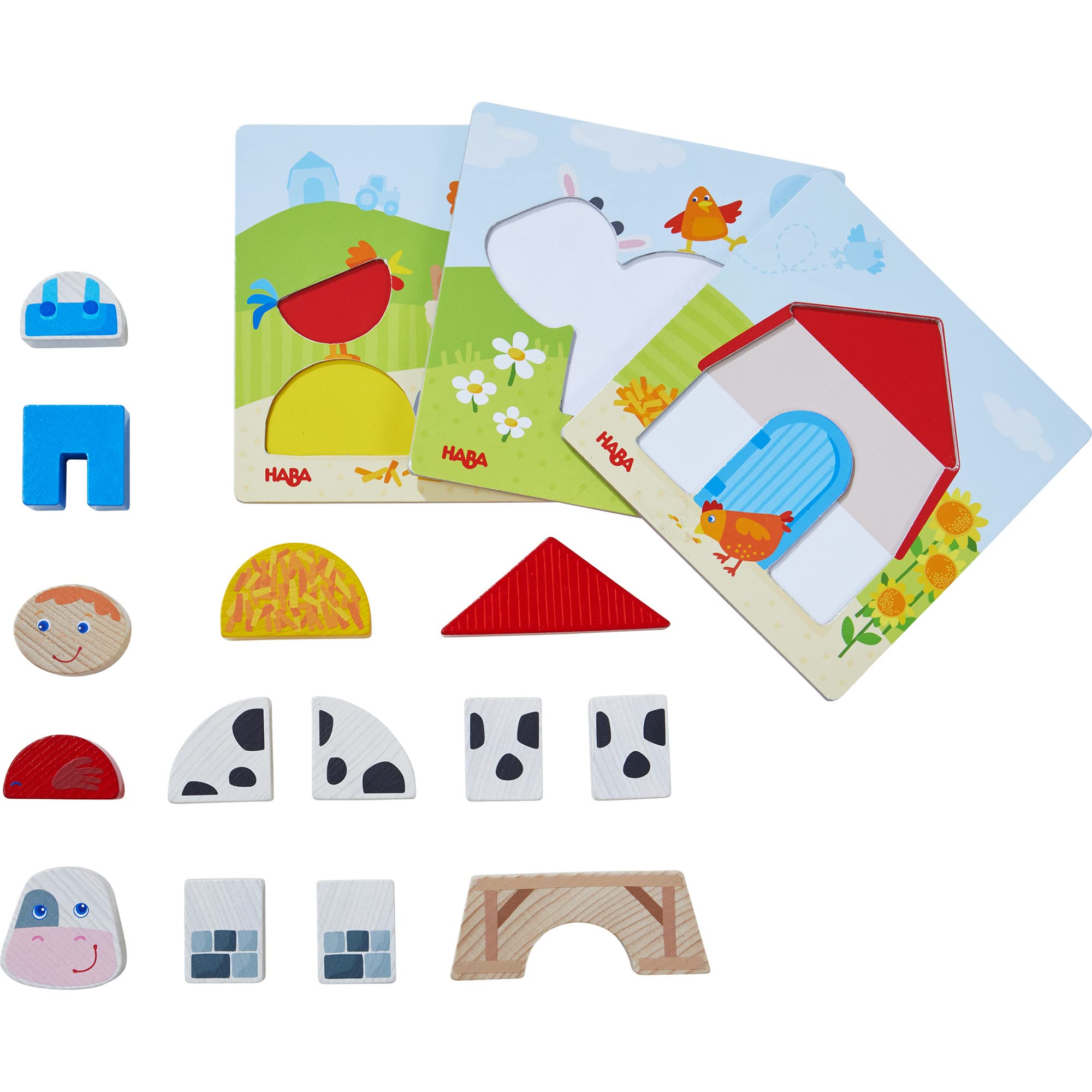 HABA Wooden Arranging Game On the Farm – 3 Boards & 14 Chunky Pieces | Sorting & Matching Toy for Toddlers 18 Months+ | Early Learning Shape & Colour Activity | Made in Germany