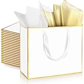 ReliThick Metallic Paper Gift Bag with Handles and Tissue Paper 11.8 x 10 x 4'' Thank You Favor Bag for St. Patrick's Day Wedding Bridesmaid Groomsman 5 Senses Gifts(White, Gold)
