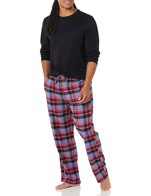 Amazon Essentials Men's Flannel Pant and Long-Sleeve T-Shirt Pajama Set, Black Blue Mixed Tartan, Small