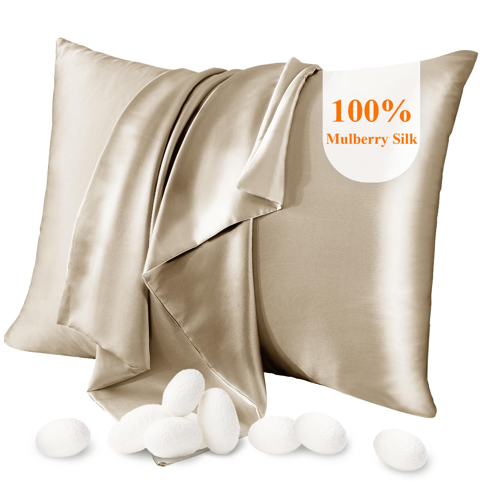 Jaciu 100% Silk Pillowcase for Hair and Skin, Pillow Cases Both Side Mulberry Silk Pillowcases 21 Momme 600 Thread Count Hidden Zipper Smooth Soft(Apricot, Standard 50x66cm,1pcs）