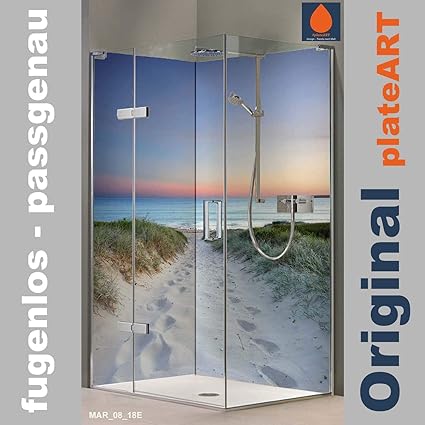 ORIGINAL plateART Eck-Duschrückwand, Wandverkleidung, Wandbild, Rückwand Alu-Dibond OHNE FUGEN, Fliesenersatz, Düne im Abendl