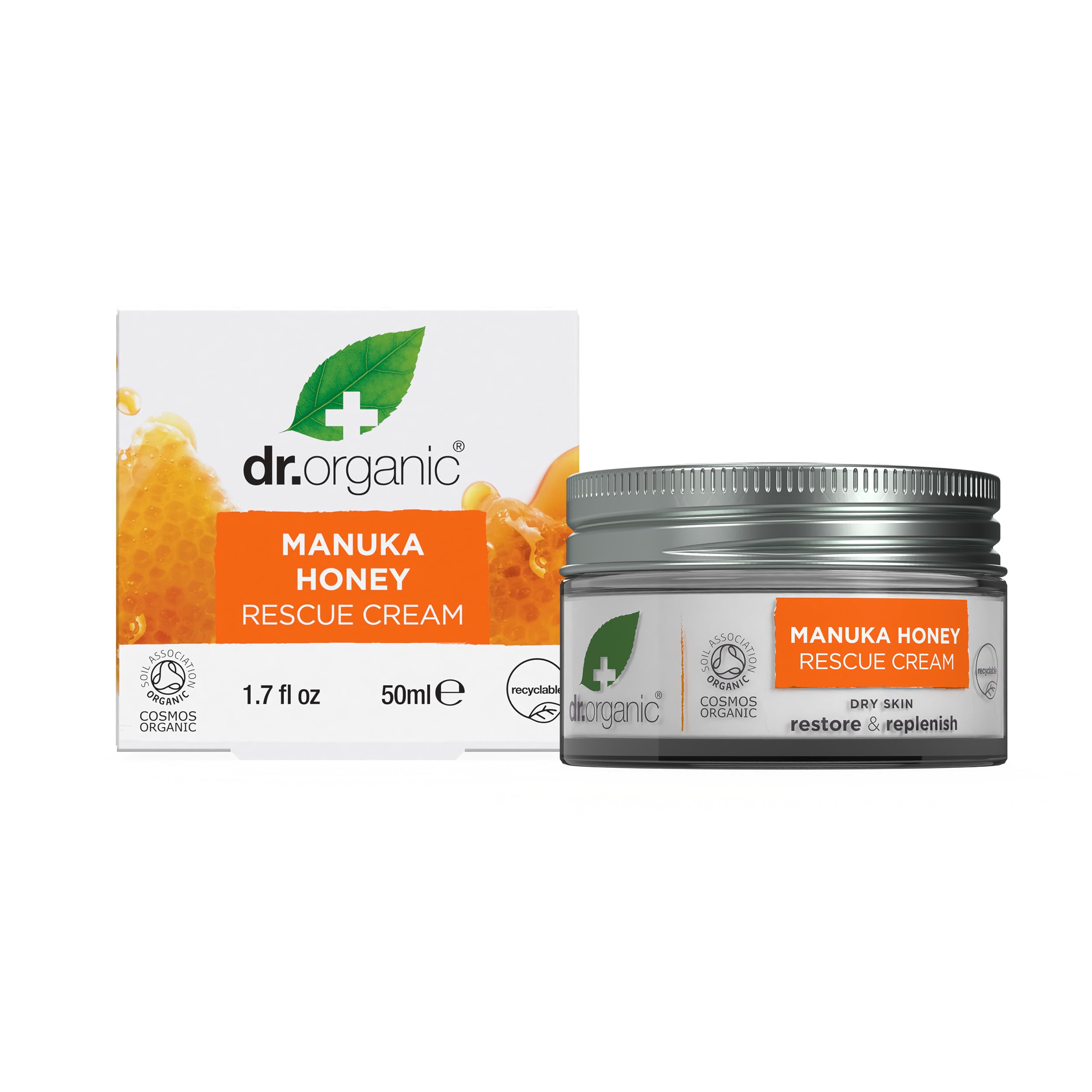 Dr Organic Manuka Honey Rescue Cream, Dry Skin, Mens, Womens, Natural, Vegetarian, Cruelty-Free, Paraben & SLS-Free, Certified Organic, 50ml, Packaging may vary