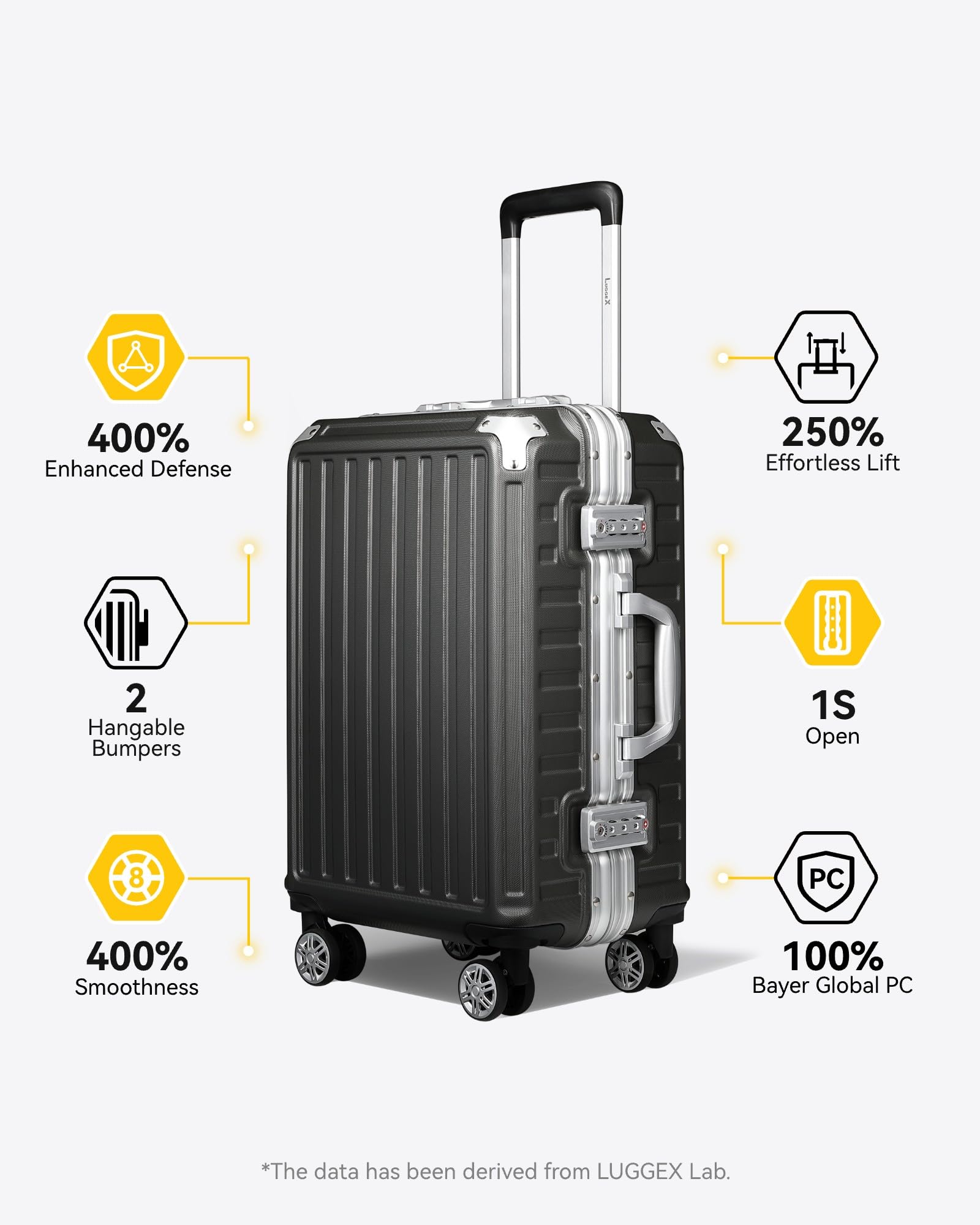 LUGGEX Zipperless Luggage with Spinner Wheels - Polycarbonate Aluminum Hard Shell Suitcase, Checked-Large 26-Inch,Charcoal Metallic