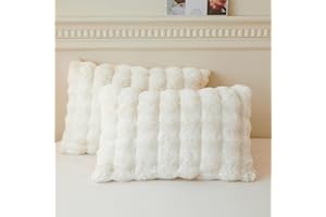 LIFEREVO 2 Pack Fluffy Faux Rabbit Fur Pillow Cases, Luxury Soft Plush Shaggy Bubble Pillowcases Standard Size with Zipper Closure, Furry Fuzzy Ivory Long Pillow Shams Bedroom Living Room 20x26, Beige