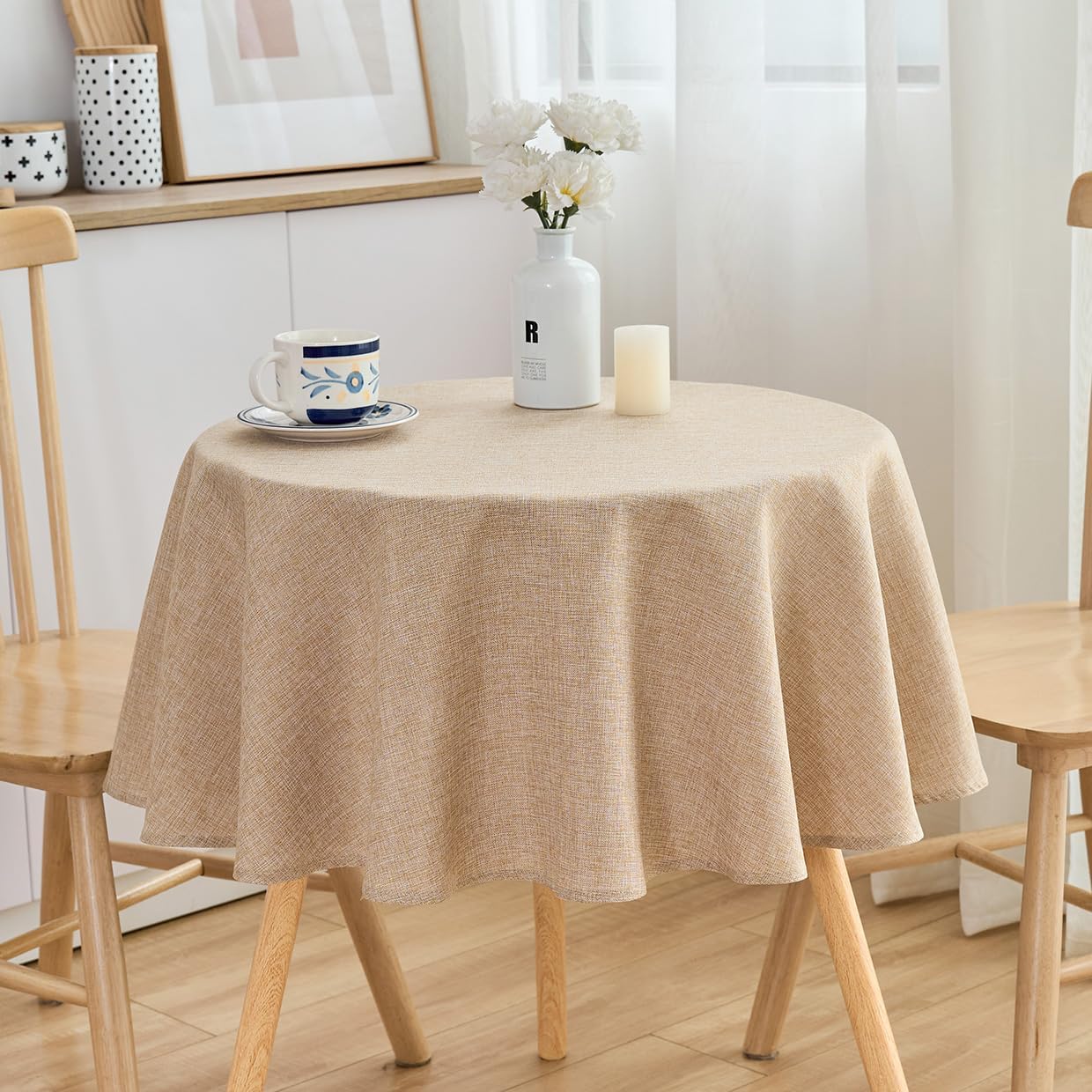 SPRICA Round Tablecloth 120cm Diameter Water Resistant Linen Texture Spill Proof Wipeable Table Cover Solid Colour Circle Cover, Wheat