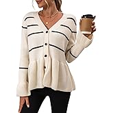 Sexyshine Women's Striped Button Down Peplum Cardigan Casual V Neck Flared Long Sleeve Knit Sweater Jumpers