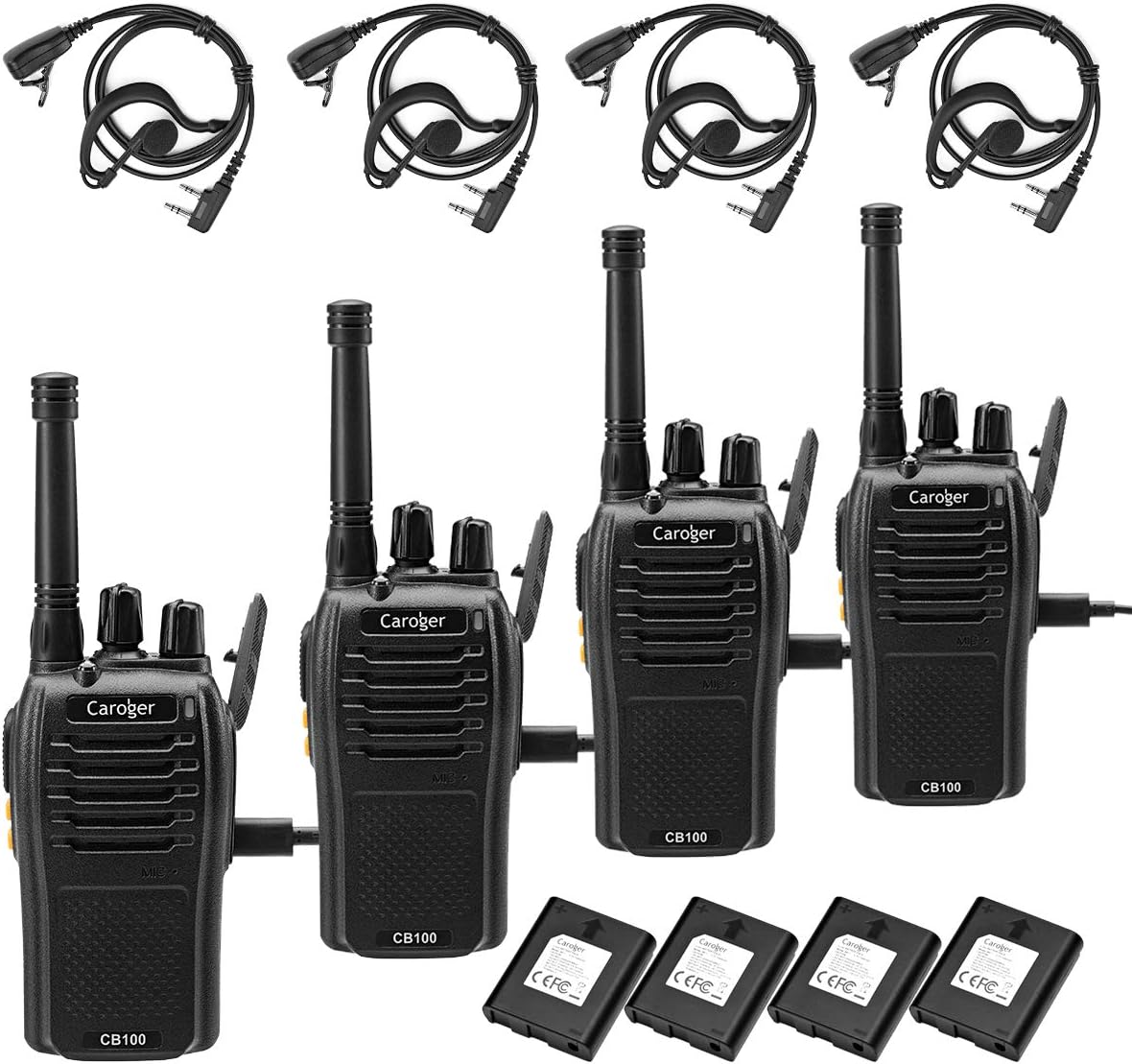 Caroger Walkie Talkie Rechargeable Long Range License-Free PMR 446MHz 16 Channels Professional Two Way Radio with USB Charger,Earpieces,Voice Prompt for Biking,Hiking (4PCS,Black)