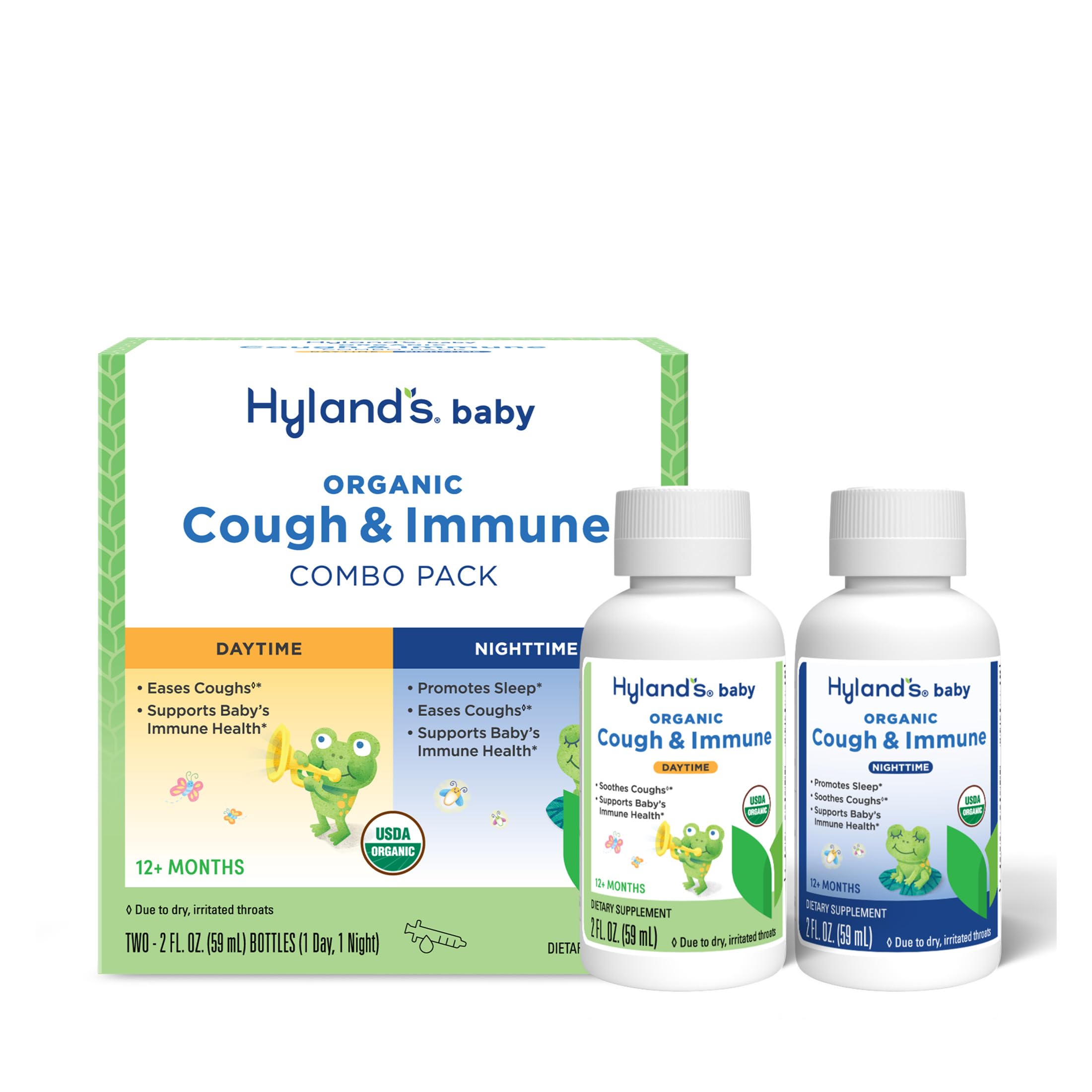 Hyland's Baby Organic Cough Syrup and Immune Support Day and Night Combo Pack, Eases Coughs, Supports Immunity, Promotes Sleep, Two 2 Fl Oz. Bottles (4 fl oz)