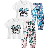 Fdqin Girls 2 or 4 Piece Pants Sets Graphic Print Short Sleeve Top and Jogger Sweatpants Outfits for Kids Casual, Dance