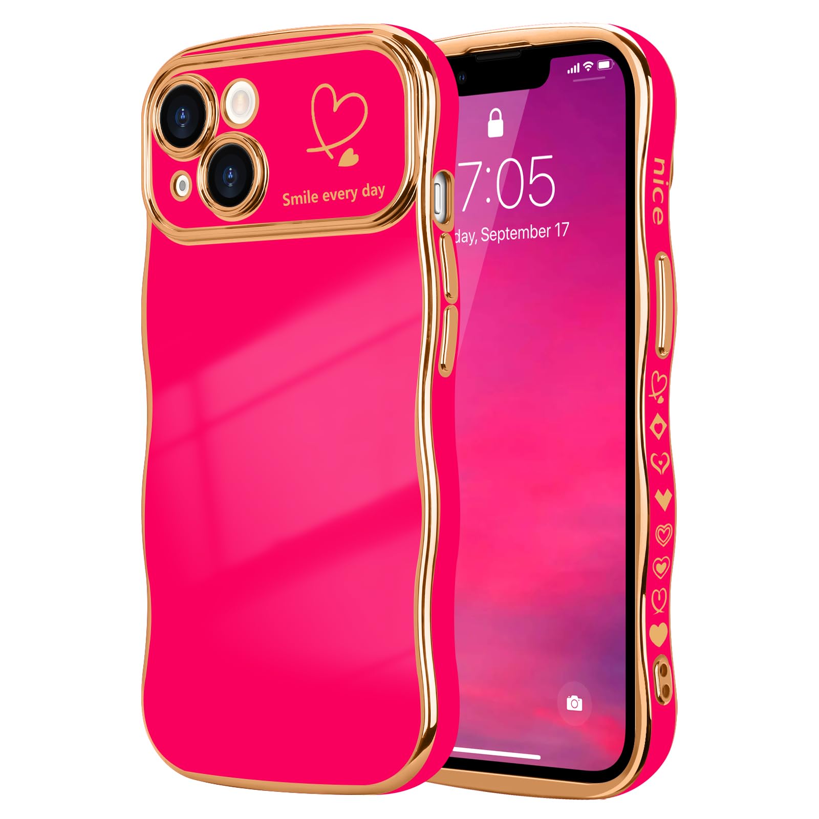 LCHULLE for iPhone 14 Case for Women Girls,Cute Curly Wave Frame Shape Love Heart Pattern Phone Case,Raised Camera Protection Luxury Plating Shockproof Cover for iPhone 14 6.1",Hot Pink — image 1
