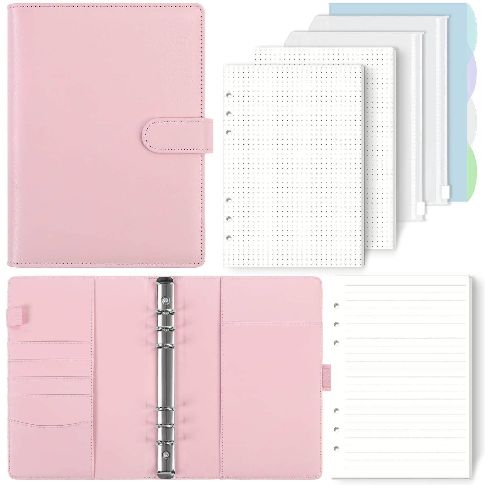 SKYDYE A5 6 Ring Binder - 135 Sheet Refill Paper, A5 Ring Binder Notebook with Pockets and Dividers for School Notes and Travel Diaries (Light Pink)