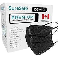 SURESAFE Premium Black Mask - Disposable Face Mask Pack of 100, 3 Ply face mask with Ear Loop, Women and Men Face Mask, High