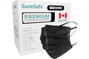 SURESAFE Premium Black Mask - Disposable Face Mask Pack of 100, 3 Ply face mask with Ear Loop, Women and Men Face Mask, High 