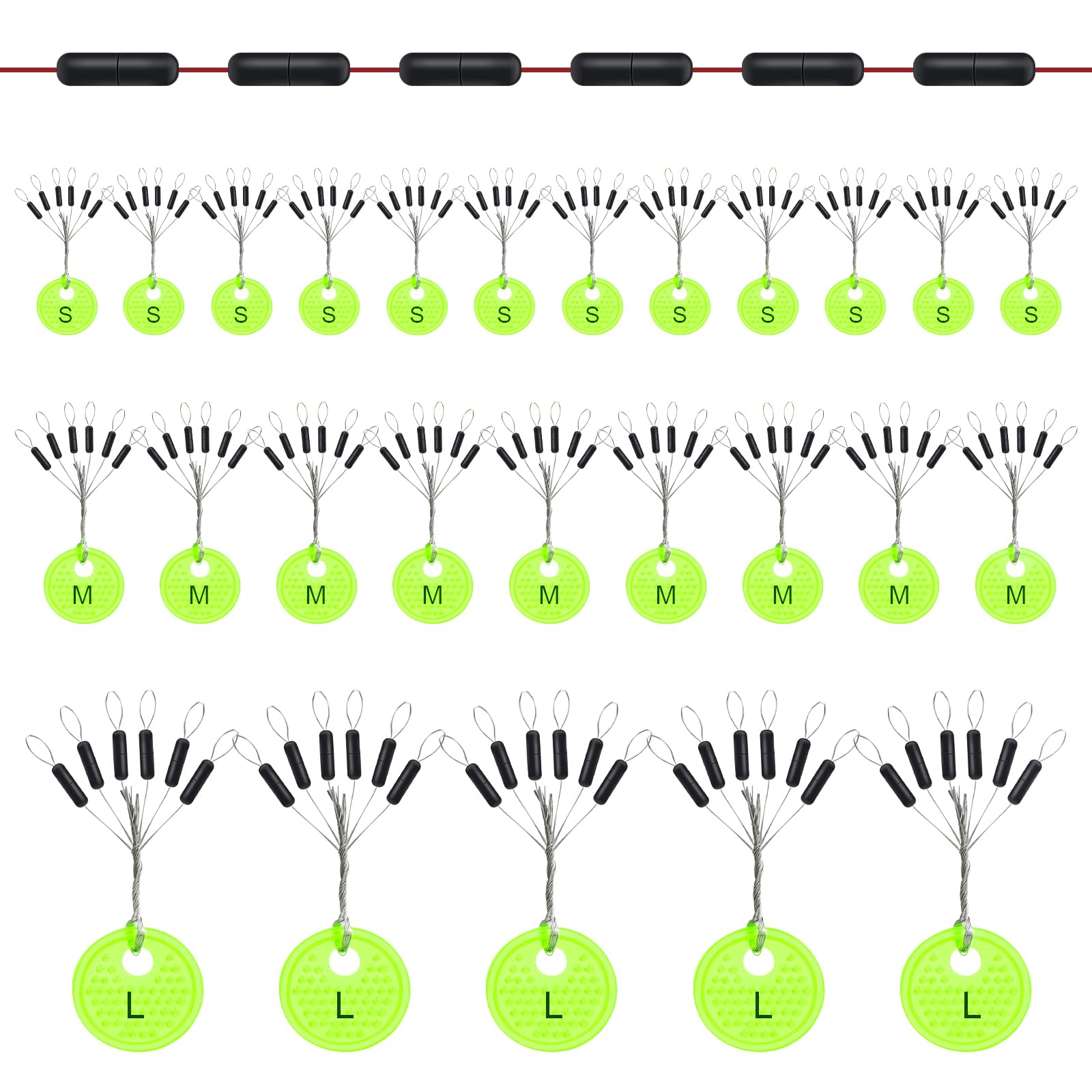 Annyswit 150 Pieces Rubber Bobber Stoppers for Fishing, 6 in 1 Oval & Column Float Sinker Stops (Size/S/M/L), for Bass/Carp/Sea Fishing, Texas Rig Weight Stoppers