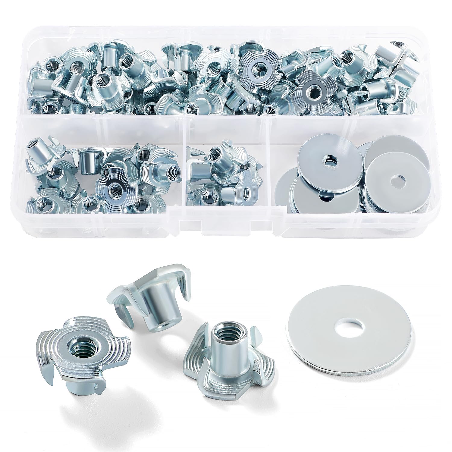 Lyeteung 60 PCS M4 × 8mm T Nuts, Four Pronged Tee Nuts, Threaded Insert T Nut, with 20 PCS Washers, for Wood, Cabinetry, Furniture