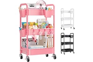 OSIVAEX 3 Tier Pink Rolling Cart with Lockable Wheels, Metal Utility Carts Organizer on Wheels for Kitchen, Nursery, Snack, Bedside Cart for Baby Essentials, Easy Assemble Mobile Storage Roller Trolley