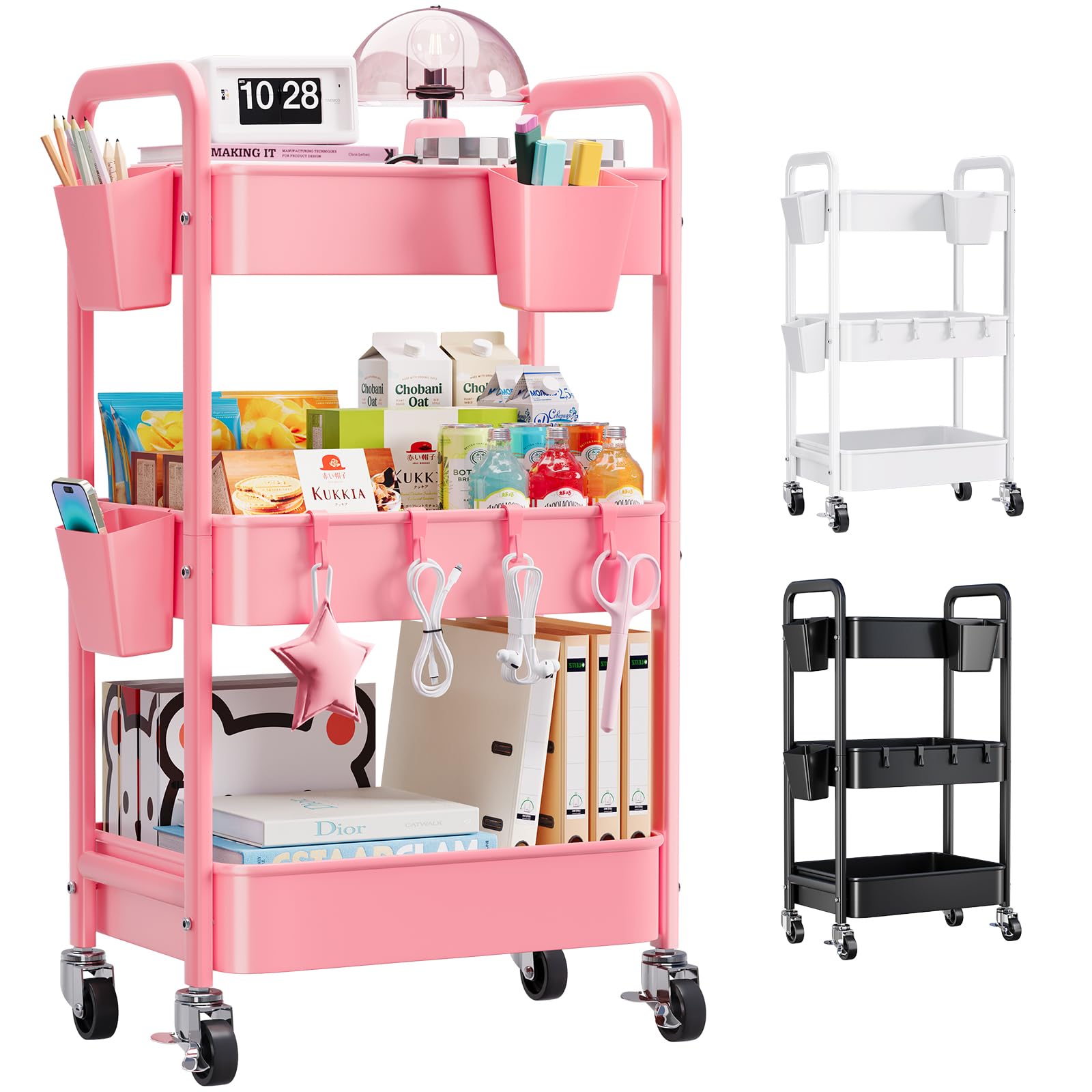 Photo 1 of 3 Tier Pink Rolling Cart with Lockable Wheels, Metal Utility Carts Organizer on Wheels for Kitchen, Nursery, Snack, Bedside Cart for Baby Essentials, Easy Assemble Mobile Storage Roller Trolley