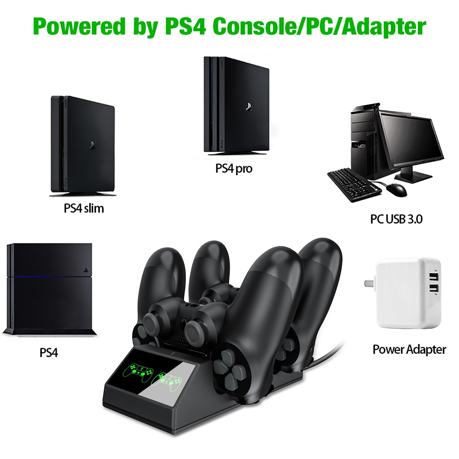 PS4 Controller Charger, BEBONCOOL PS4 Charger with USB PS4 Charging Cable, PS4 Charging Dock for Sony PS4/PS4 Slim/PS4 Pro Controllers with 4 Micro USB Charging Dongles