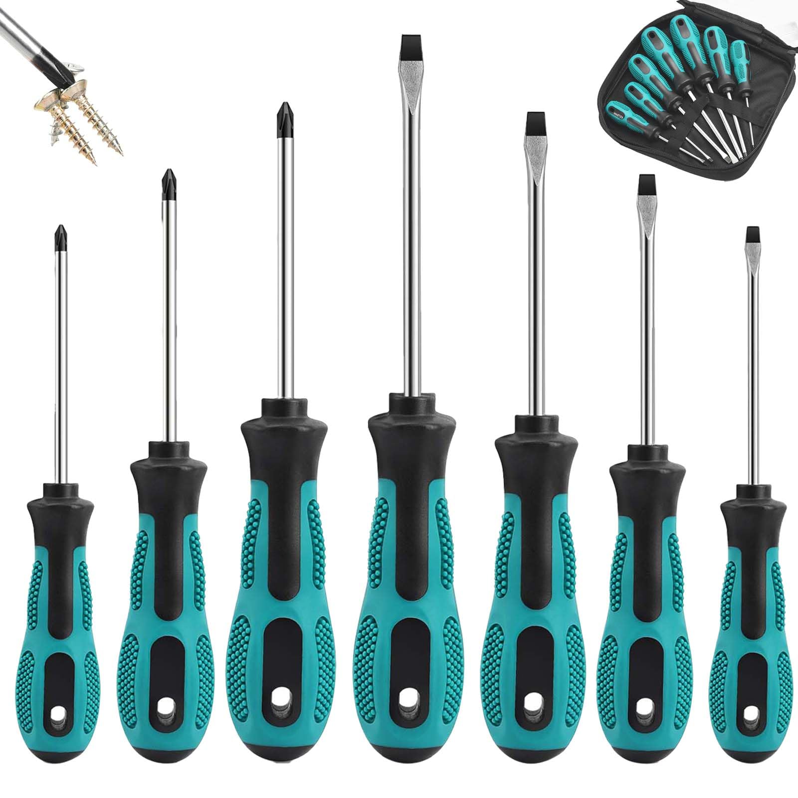 7pcs Screwdriver Set-Heavy Duty Chrome Vanadium Steel Made,Non-Slip Softy Handle,Magnetic Screwdriver with 4 Flat & 3 Cross Head Tips,Case Package