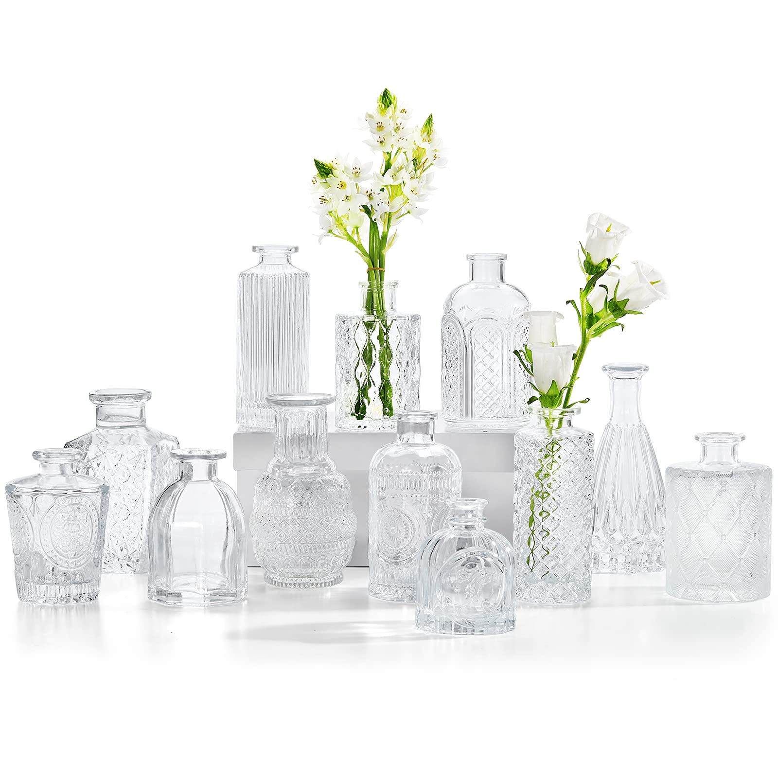 Glass Bud Vases Set of 12, Small Vases for Flowers, Clear Bud Vases in Bulk for Centerpieces Mini Vintage Vase for Rustic Home Wedding Table Decorations