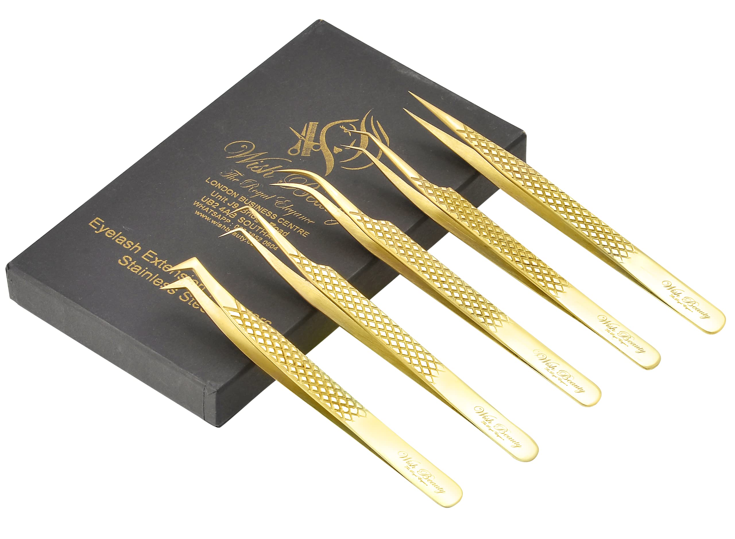 Wishbeauty Eyelash Extension Tweezers Set 5 PCS for Volume Lash Extensions Stainless Steel Eyelash Tweezers for Extensions - Gold