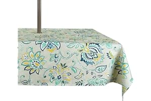 ColorBird Outdoor Rectangle Tablecloth, 60×84 inch Patio Rectangle Tablecloth with Umbrella Hole Blue Bosemia Flower Plastic Table Cloth for Patio Garden Tabletop