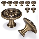 Fecraf 10 Pack Antique Brass Cabinet Knobs, Vintage Retro Drawer Knobs, Solid Round Dresser Knobs for Nightstands Single Hole Cabinet Hardware, Diameter 1.18in