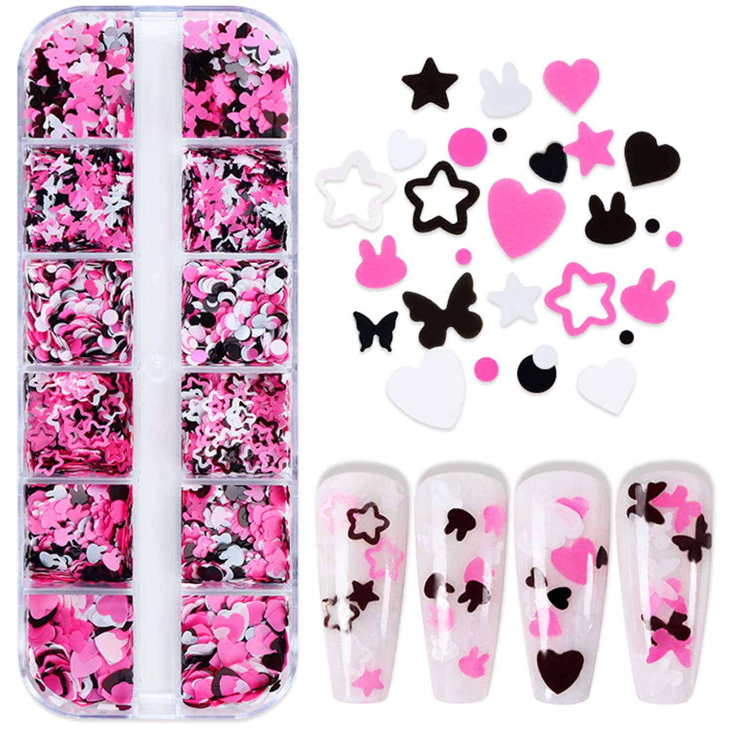 Photo 1 of Nail Art Glitter Flakes, Mixed 3 Colors Glitter Nail Sequins Designs, Love Heart Butterfly Stars Round Rabbit Nail Supplies for Women Girls Manicure Charms Decorations, DIY Sparkly False Nails Crafts