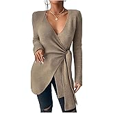SOLY HUX Women's V Neck Wrap Tie Side Sweater Long Sleeve Knit Pullover Tops Fall Clothes