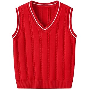 Boys Girls Striped Trim Vest Teen Knit Uniform School V Neck Sleeveless Cable Sweater Pullover Preppy Layering Cardigan