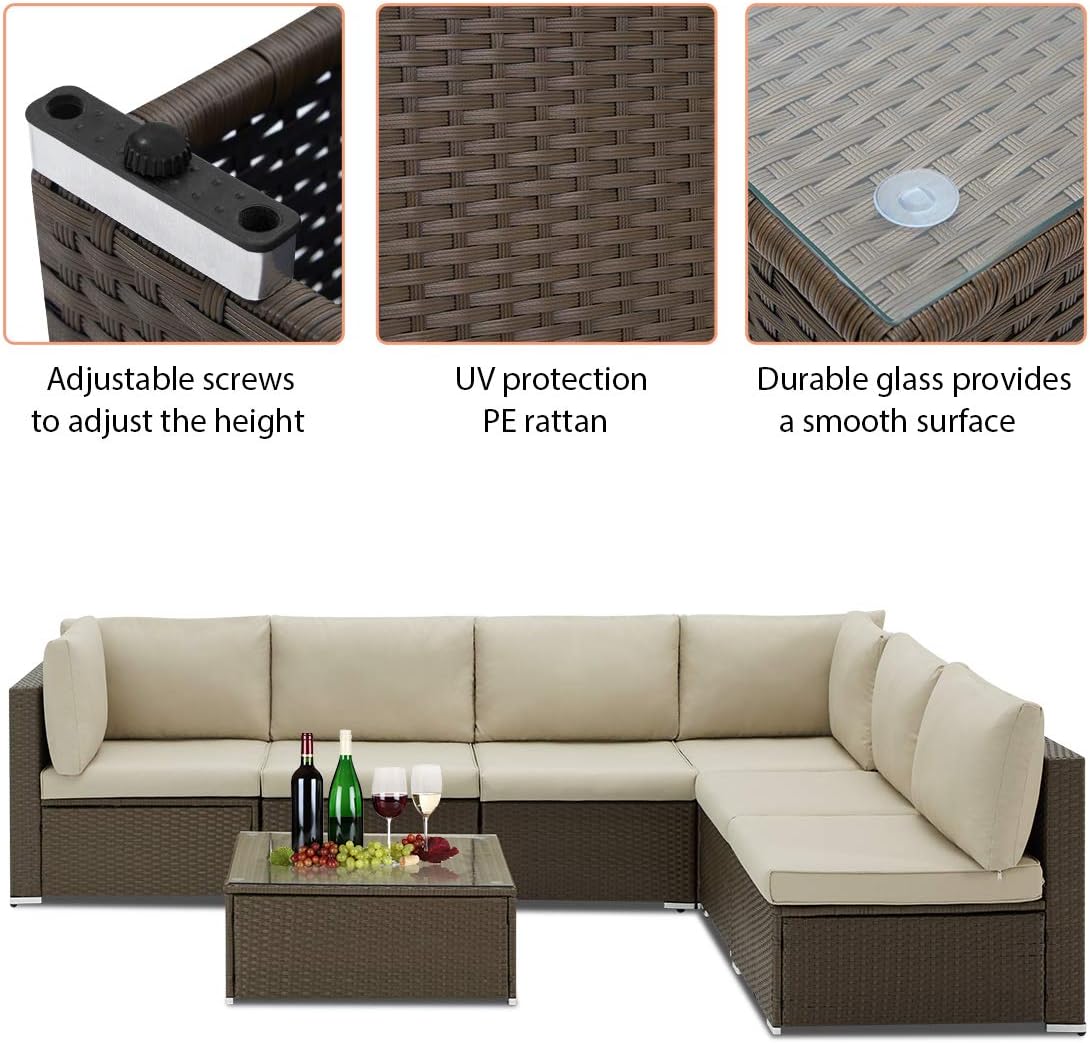 U-MAX 7 Piece Outdoor Patio Furniture Set, PE Rattan Wicker Sofa Set, Outdoor Sectional Furniture Chair Set with Cushions and Tea Table, Brown: Garden & Outdoor