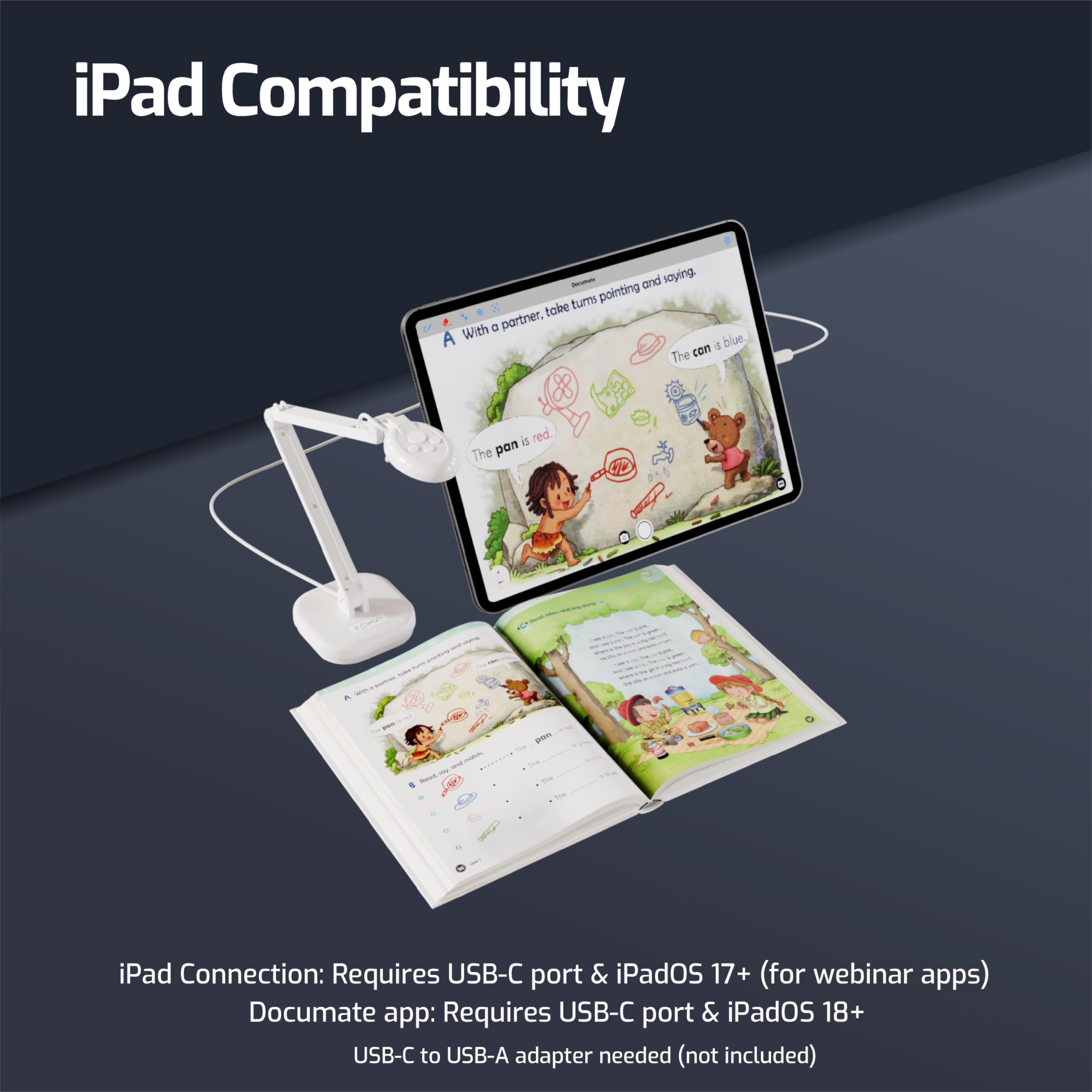 INSWAN INS‑2 4K USB Document Camera – 13MP, Dual Auto‑Focus, LED Light and Microphone, Plug & Play, Mac, Windows, iPad, Chromebook, A3 Capture – Ideal for Teachers and Classrooms