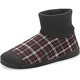 Cozylook Men's Slippers with Knitted Cuff Cozy Memory Foam Non-slip Indoor Outdoor Slipper Socks with Rubber Sole Red/Black Checkered Size 10-11