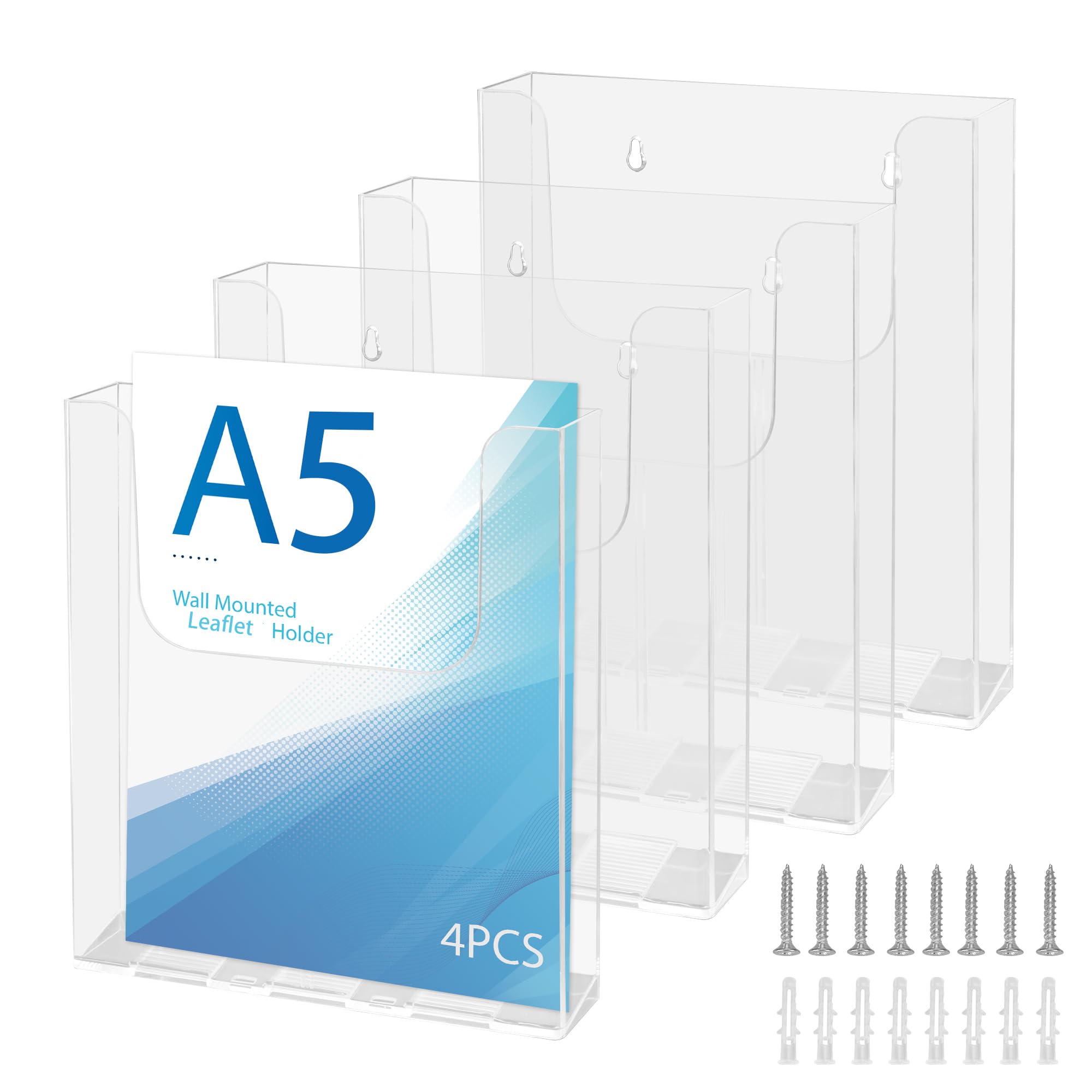 YKUKIZEE 4 Pack Clear A5 Wall Mounted Leaflet Rack Acrylic, A5 Wall Mounted Brochure Holder, Wall Mounted Flyer Holder for Booklet Document Restaurant 164x42x167 mm
