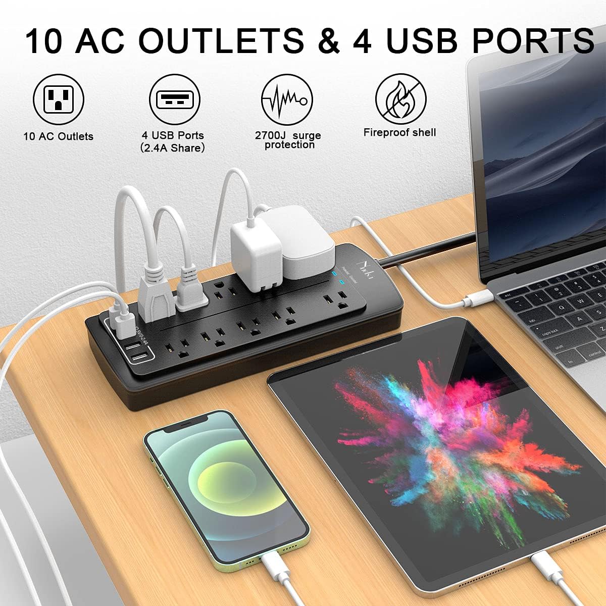 Power Strip , Nuetsa Surge Protector with 10 Outlets and 4 USB Ports, 6 Feet Extension Cord (1875W/15A) for for Home, Office, Dorm Essentials, 2700 Joules, ETL Listed (Black): Electronics