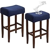 EVOLLER Waterproof Bar Stool Covers Set of 2 Navy Blue Rectangle Jacquard Stretchable Backless Barstool Seat Cover Counter Ba