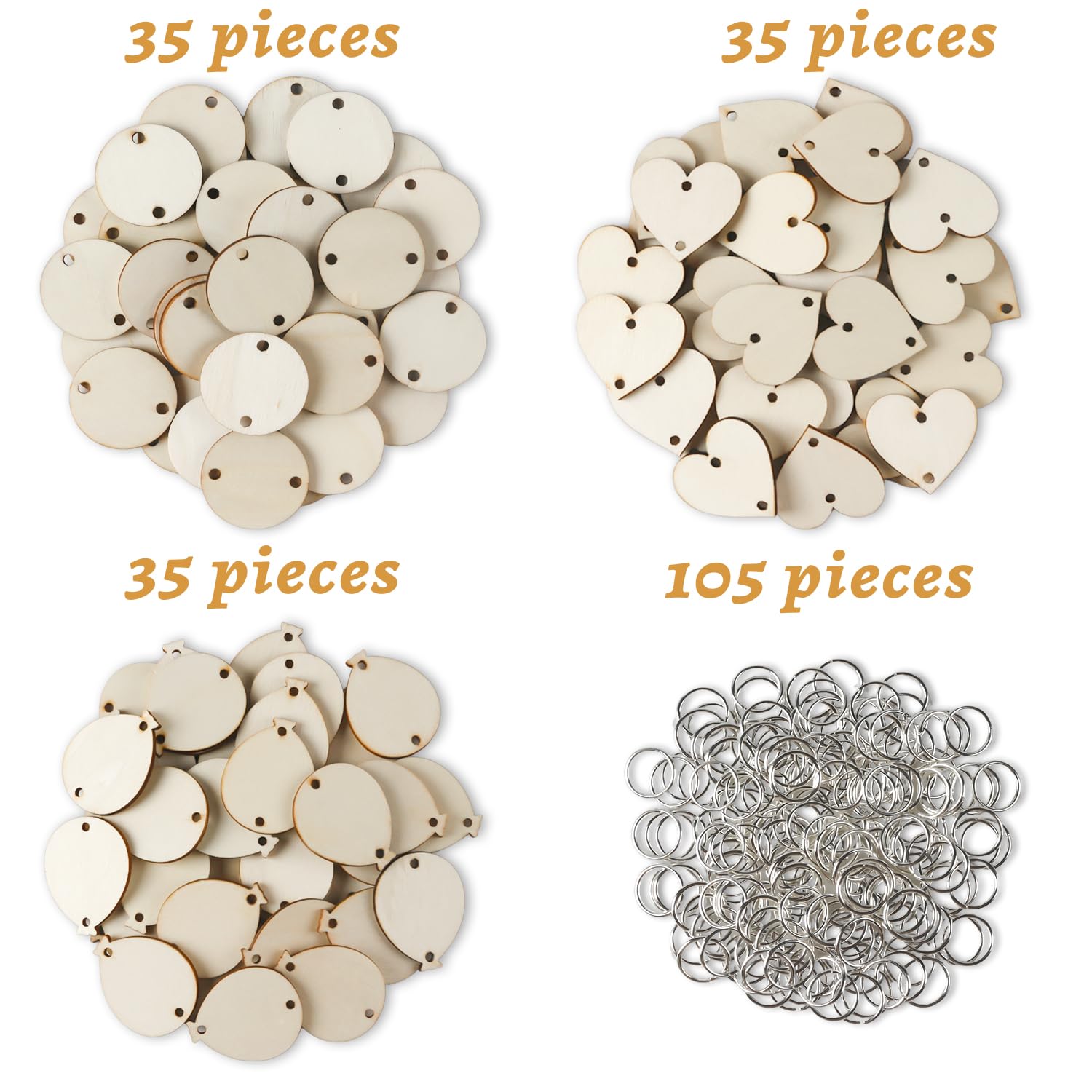 Family Birthday Plaque Tags Wooden Heart Circle Balloon Tags with Holes and Ring 210 Pieces in Total for Family Sign Birthday Calendar, Valentine, Chore Board Wood Crafts