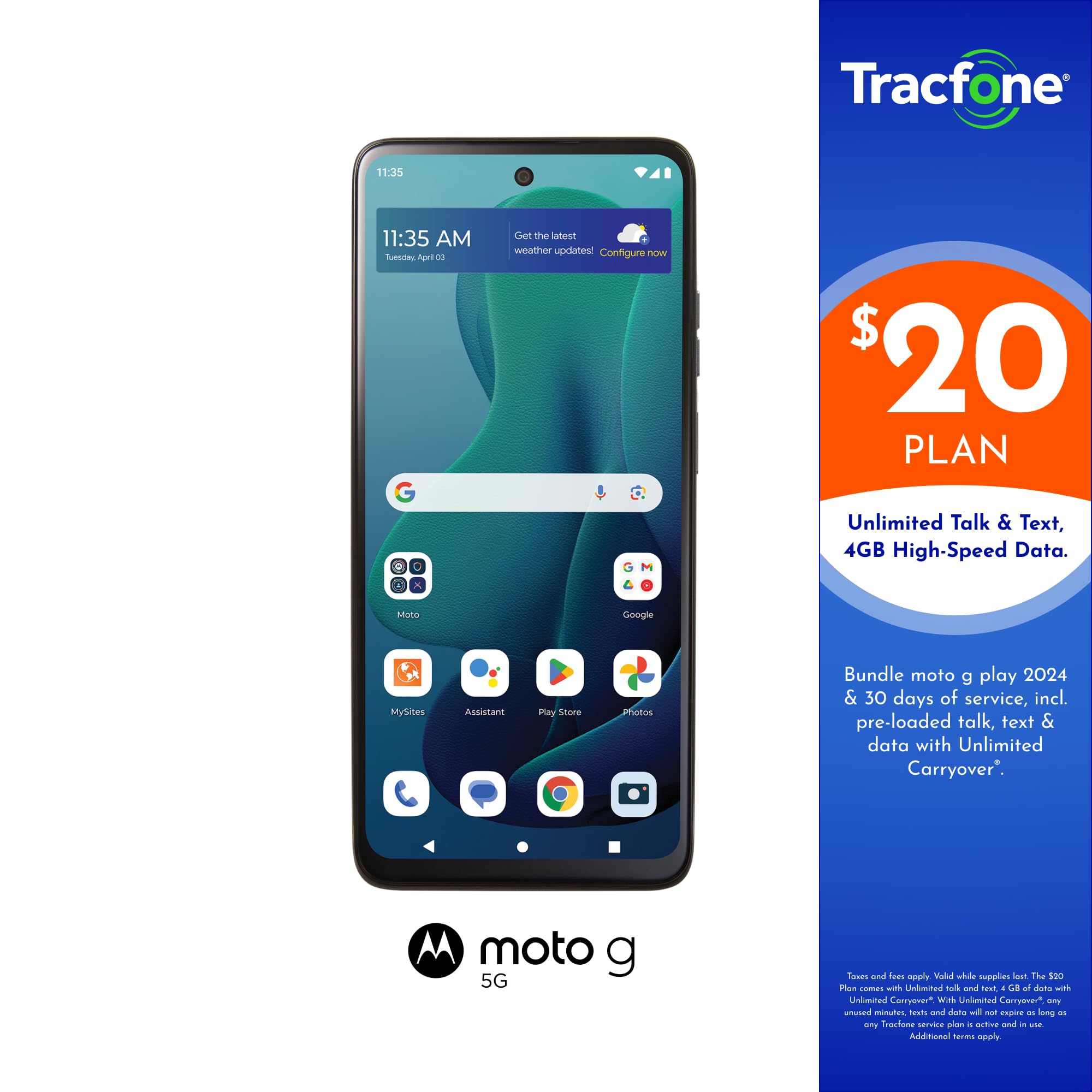 TracFone Motorola Moto g 5G (2024) [Activation Promotion] Locked Prepaid Smartphone, 128GB, Gray - Includes $20 Unlimited Talk, Text, & 4GB Data 30-Day Plan