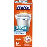 Hefty Small Garbage Bags, Unscented, 4 Gallon, 34 Count | Drawstring Closure, 4G Small White Unscented Trash Bags for Bathrooms, Dorm Rooms, Home Offices, Continuous Odor Control