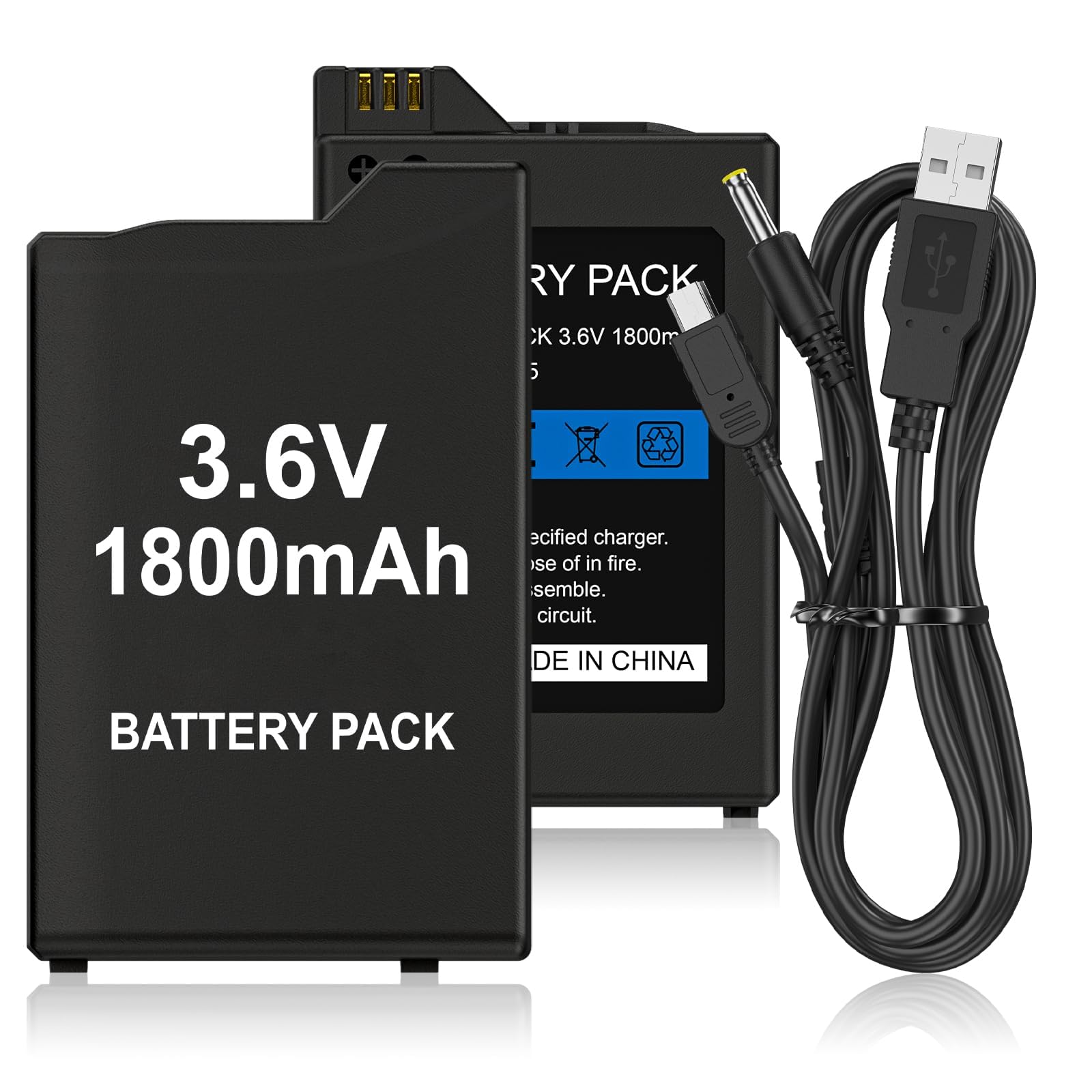 PSP Battery, 2Pcs 3.6v 1800mAh Lithium Polymer Replacement Batteries with USB Charging Cable for PSP 1000 1001, PSP-110 (1002, 1003, 1004, 1005, 1006, 1007, 1008, 1010), PSP Fat Console