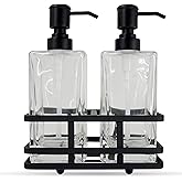 Square Glass Clear Lotion and Soap Pump Dispenser Set with Metal Stand Caddy for Bathroom Bath Kitchen Home Office Travel Hotel Hand Crafted Heavy Weight Matte Black