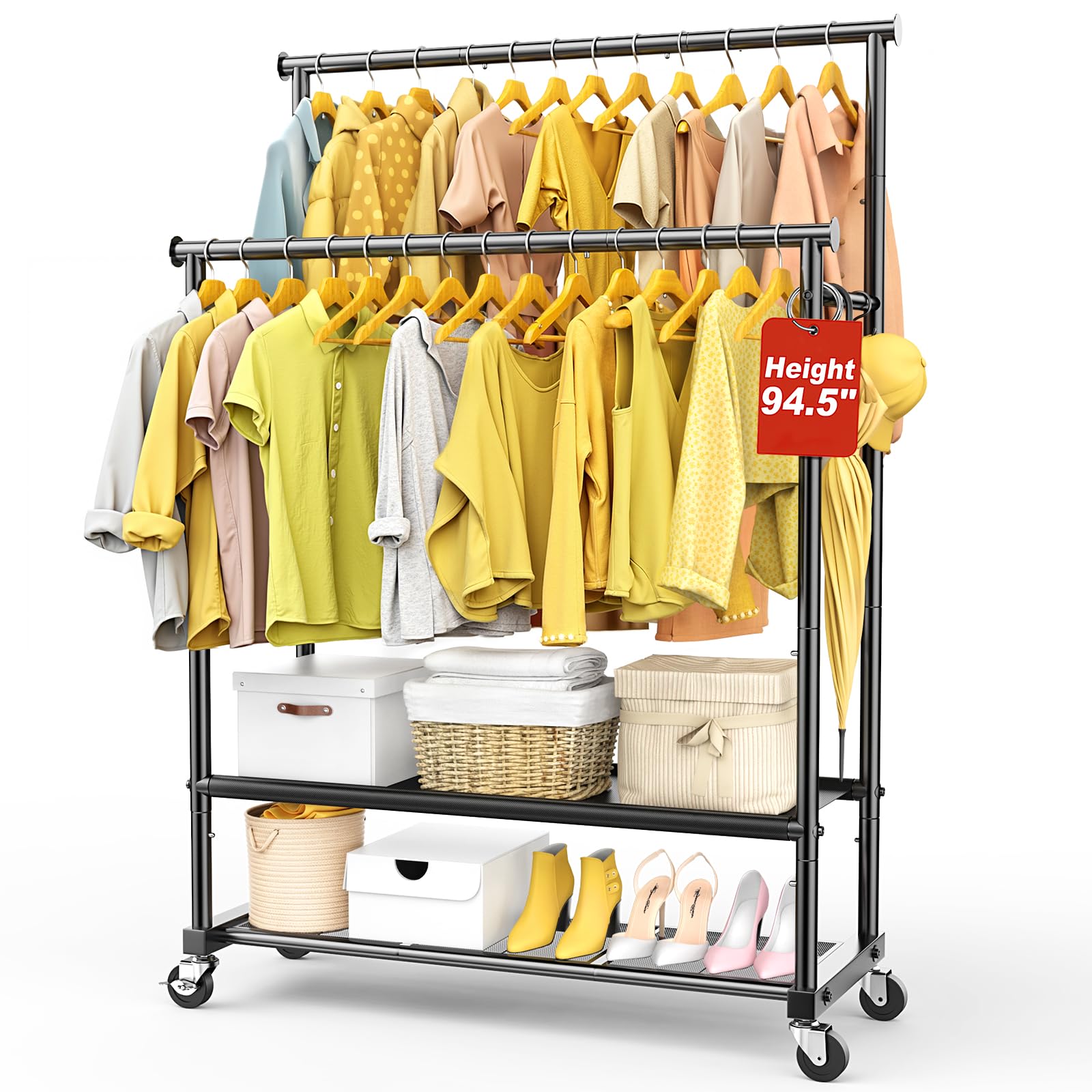 Photo 1 of Double Rod Clothing Rack Heavy Duty with Oxford and Mesh Bottom Shelves, Garment Racks for Hanging Clothes, Portable Wardrobe Rack, Metal Clothes Rack Sturdy Coat Rack for Bedroom Laundry Living Room