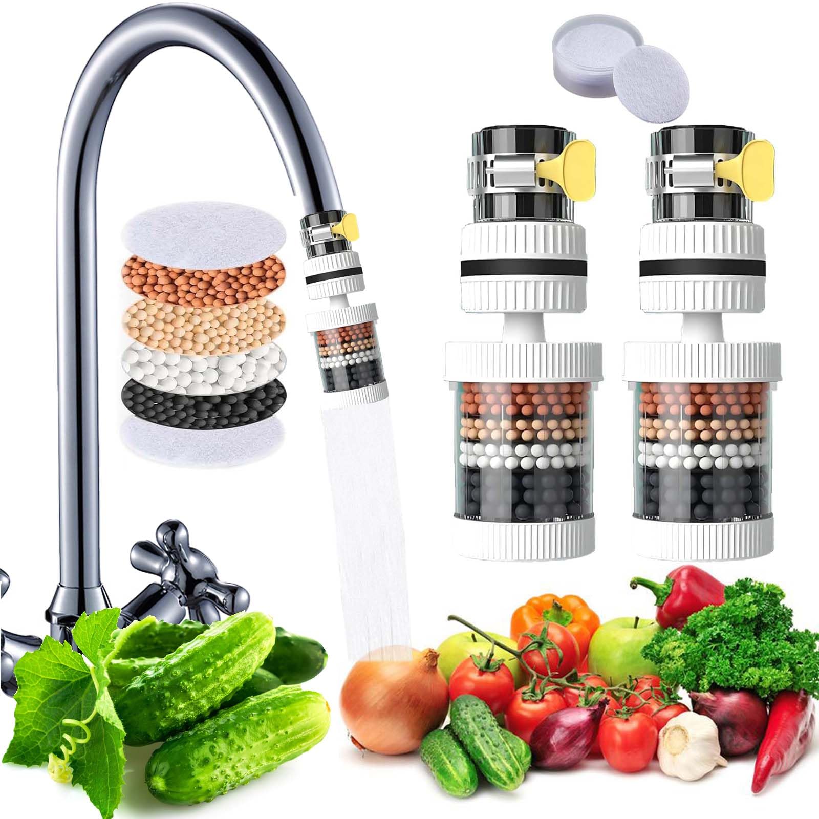 2pcs Tap Filter, Tap Water Filter with 10 Slice Washable and Replaceable Filter Element, Activated Carbon Water Filter for Tap Water Tap Filter for Kitchen Sink for Home Kitchen Bathroom Shower Hose