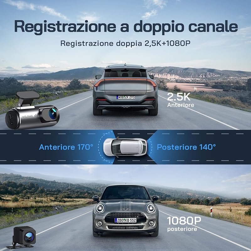 Dash Cam Auto 4K, Doppia WiFi Dashcam per Auto, Telecamera Auto 170° Grandangolo, Visione Notturna,G-Sensor, WDR, Monitor di Parcheggio, Registrazione in Loop